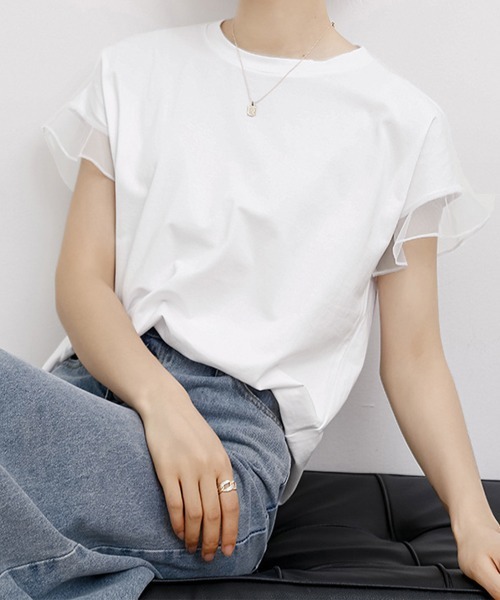 Miniministore(ミニミニストア)の「袖シアーTシャツチュール切替えカットソー(Tシャツ/カットソー・レディース・ピンク/ホワイト/ブラウン/ダークグレー/ロイヤルブルー/ブラック・FREE)」の2枚目の写真