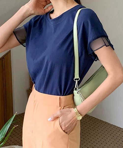 Miniministore(ミニミニストア)の「袖シアーTシャツチュール切替えカットソー(Tシャツ/カットソー・レディース・ピンク/ホワイト/ブラウン/ダークグレー/ロイヤルブルー/ブラック・FREE)」の5枚目の写真