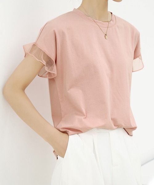 Miniministore(ミニミニストア)の「袖シアーTシャツチュール切替えカットソー(Tシャツ/カットソー・レディース・ピンク/ホワイト/ブラウン/ダークグレー/ロイヤルブルー/ブラック・FREE)」の6枚目の写真