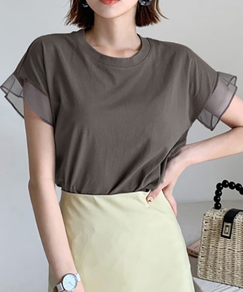 Miniministore(ミニミニストア)の「袖シアーTシャツチュール切替えカットソー(Tシャツ/カットソー・レディース・ピンク/ホワイト/ブラウン/ダークグレー/ロイヤルブルー/ブラック・FREE)」の3枚目の写真