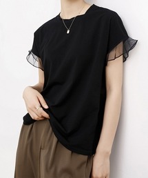袖シアーTシャツチュール切替えカットソー