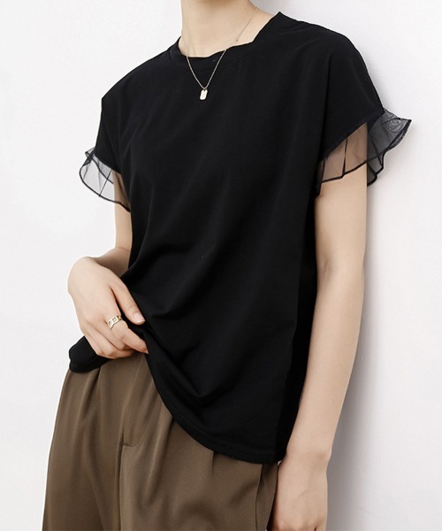 Miniministore(ミニミニストア)の「袖シアーTシャツチュール切替えカットソー(Tシャツ/カットソー・レディース・ピンク/ホワイト/ブラウン/ダークグレー/ロイヤルブルー/ブラック・FREE)」の1枚目の写真