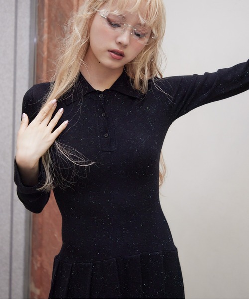 Low waist pleated glitter knit dress