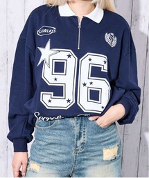 《襟付き×ナンバリング》レディース 裏毛スウェット トレーナー ロングTシャツ風 ストリート 春秋冬