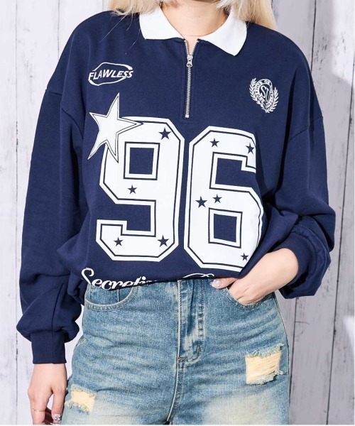 GORGE(ゴージ)の「《襟付き×ナンバリング》レディース 裏毛スウェット トレーナー ロングTシャツ風 ストリート 春秋冬(スウェット・レディース・オートミール/ネイビー/ブラック・F)」の2枚目の写真