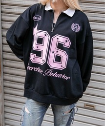 《襟付き×ナンバリング》レディース 裏毛スウェット トレーナー ロングTシャツ風 ストリート 春秋冬