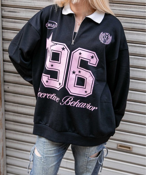 GORGE(ゴージ)の「《襟付き×ナンバリング》レディース 裏毛スウェット トレーナー ロングTシャツ風 ストリート 春秋冬(スウェット・レディース・オートミール/ネイビー/ブラック・F)」の1枚目の写真