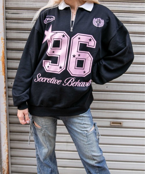GORGE(ゴージ)の「《襟付き×ナンバリング》レディース 裏毛スウェット トレーナー ロングTシャツ風 ストリート 春秋冬(スウェット・レディース・オートミール/ネイビー/ブラック・F)」の4枚目の写真