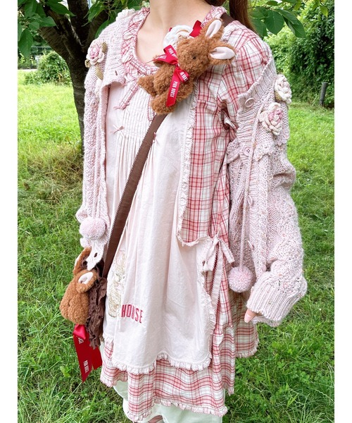 セール】バラモチーフ付き丸ヨークニットカーディガン（カーディガン