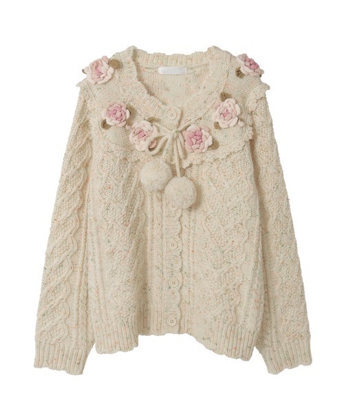 バラモチーフ付き丸ヨークニットカーディガン（カーディガン/ボレロ