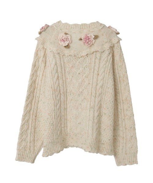 セール】バラモチーフ付き丸ヨークニットカーディガン（カーディガン