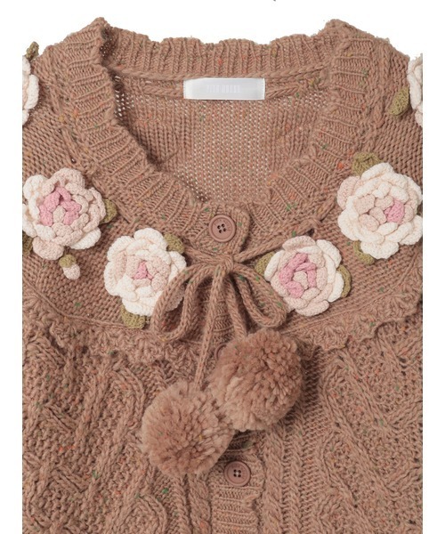 セール】バラモチーフ付き丸ヨークニットカーディガン（カーディガン