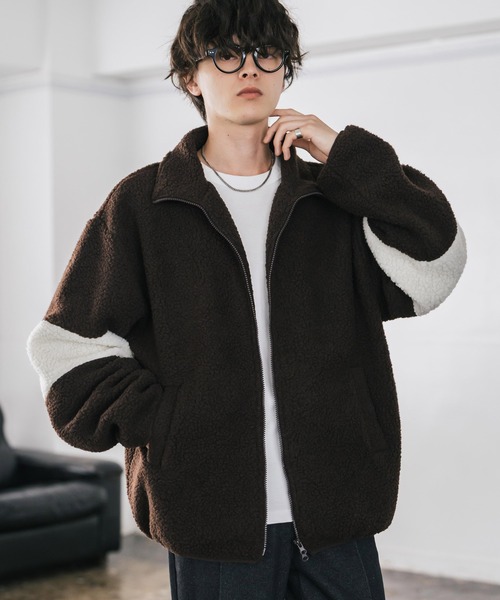 オーバーサイズ袖ライン配色切替スタンドネックボアブルゾン/フリース