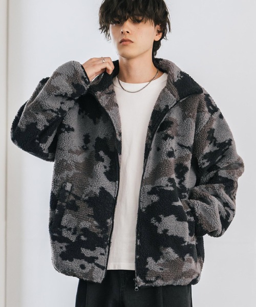 セール】オーバーサイズ袖ライン配色切替スタンドネックボアブルゾン