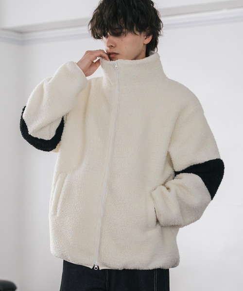 オーバーサイズ袖ライン配色切替スタンドネックボアブルゾン/フリース