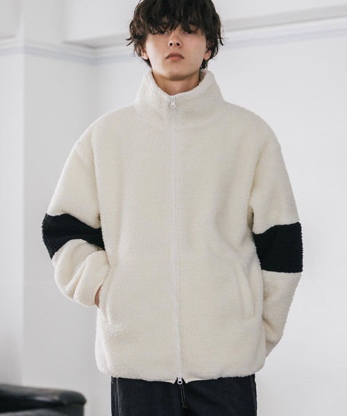セール】オーバーサイズ袖ライン配色切替スタンドネックボアブルゾン