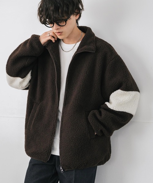 セール】オーバーサイズ袖ライン配色切替スタンドネックボアブルゾン