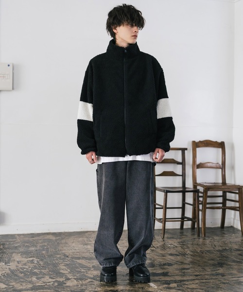 美品❤️ラインストーン❤️Black&White ボアフリースジャケット ブルゾン オーバーサイズ袖ライン配色切替スタンドネックボアブルゾン/フリース