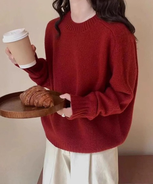 CADBURY（キャドバリー）の「クルーネックシンプルニット（ニット/セーター・レディース・オフホワイト/ブラック/ホワイト/ピンク/レッド/パープル/ベージュ/ダークグレー・FREE）」の8枚目の写真