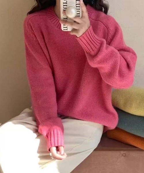 CADBURY（キャドバリー）の「クルーネックシンプルニット（ニット/セーター・レディース・オフホワイト/ブラック/ホワイト/ピンク/レッド/パープル/ベージュ/ダークグレー・FREE）」の7枚目の写真