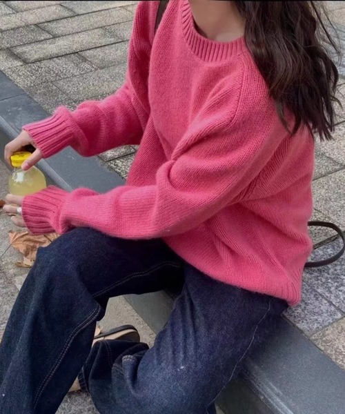 CADBURY（キャドバリー）の「クルーネックシンプルニット（ニット/セーター・レディース・オフホワイト/ブラック/ホワイト/ピンク/レッド/パープル/ベージュ/ダークグレー・FREE）」の12枚目の写真