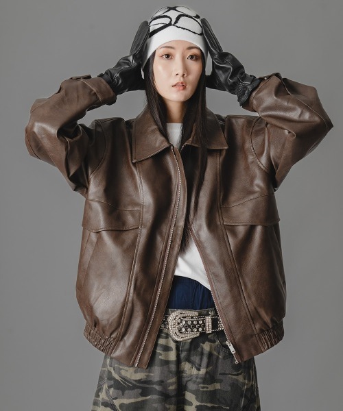 セール】ヴィンテージライク合成皮革オーバーサイズジップアップ