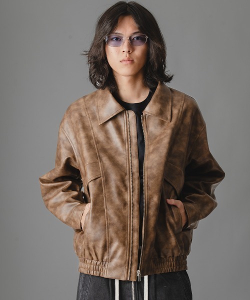 セール】ヴィンテージライク合成皮革オーバーサイズジップアップ