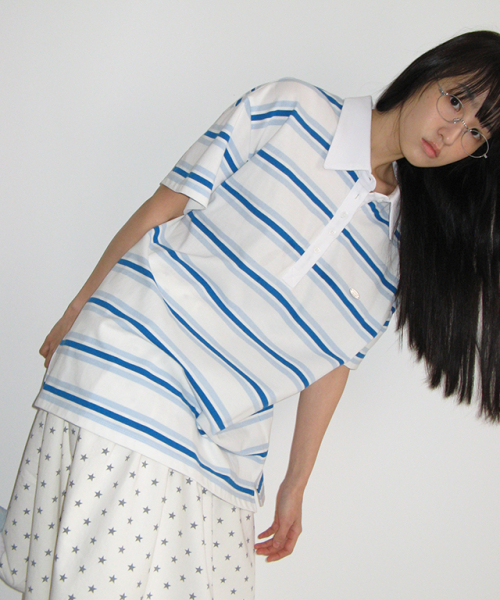 HENRYNECK rugby tee ivory с синими полосами