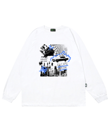 ブルーバーニングシティプリントロングスリーブホワイト