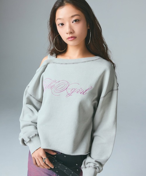X-girl（エックスガール）の「FADED LAYERED SHOULDER SWEAT TOP（スウェット・レディース・ブラック/グレー/ピンク・S/M）」の3枚目の写真