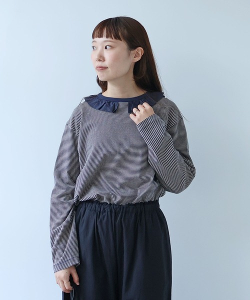 bulle de savon（ビュルデサボン）の「frill×border 長袖プルオーバー（Tシャツ/カットソー・レディース・ブラック/ネイビー・FREE）」の2枚目の写真