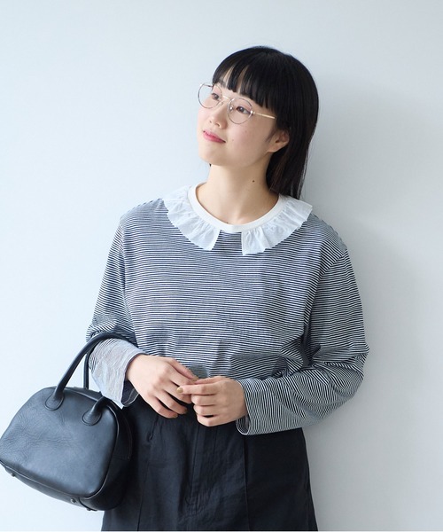bulle de savon（ビュルデサボン）の「frill×border 長袖プルオーバー（Tシャツ/カットソー・レディース・ブラック/ネイビー・FREE）」の4枚目の写真
