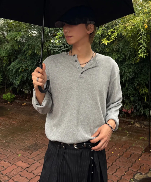 EXCONTAINER(エックスコンテナ)の「ヘンリーネックワッフルロングスリーブ(グレー)(Tシャツ/カットソー・メンズ・その他・MEDIUM/LARGE/X-LARGE/SMALL)」の1枚目の写真