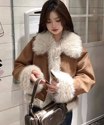 フェイクファー付きスウェードライクコート