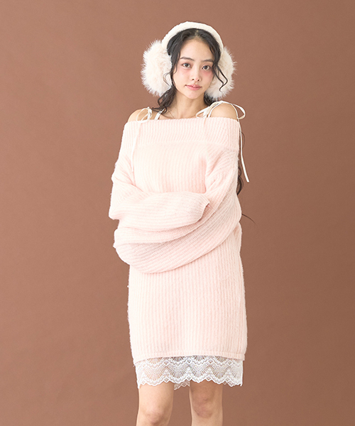 Mi-je(ミジェ)の「裾レースニットワンピース【韓国ファッション】(ワンピース・レディース・ピンク/アイボリー・F)」の7枚目の写真