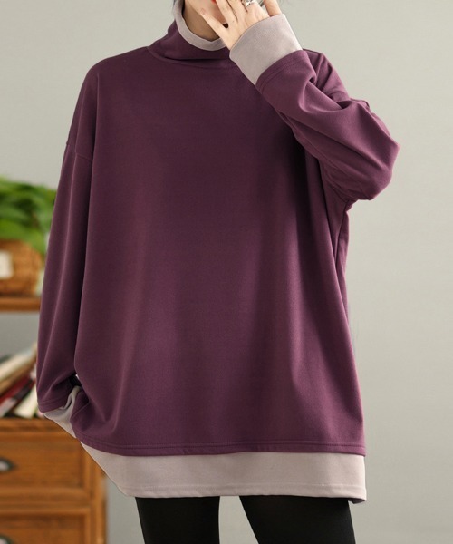 ONEP STAR(ワンピスター)の「配色切替タートルネックチュニック(Tシャツ/カットソー・レディース・ブラック/ダークブラウン/パープル/グレー・FREE)」の4枚目の写真