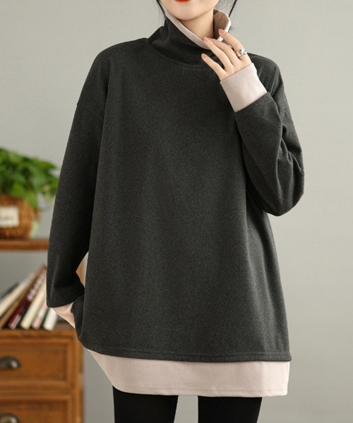 ONEP STAR(ワンピスター)の「配色切替タートルネックチュニック(Tシャツ/カットソー・レディース・ブラック/ダークブラウン/パープル/グレー・FREE)」の3枚目の写真