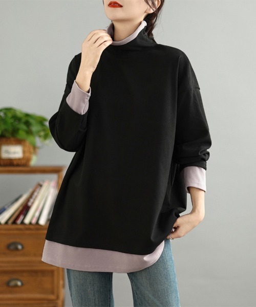 ONEP STAR(ワンピスター)の「配色切替タートルネックチュニック(Tシャツ/カットソー・レディース・ブラック/ダークブラウン/パープル/グレー・FREE)」の5枚目の写真