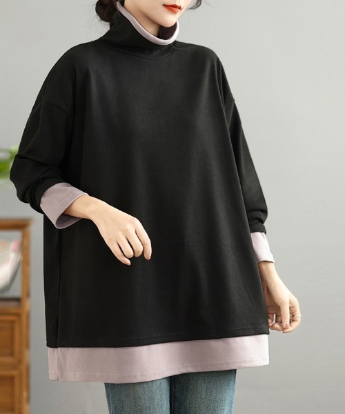 ONEP STAR(ワンピスター)の「配色切替タートルネックチュニック(Tシャツ/カットソー・レディース・ブラック/ダークブラウン/パープル/グレー・FREE)」の6枚目の写真
