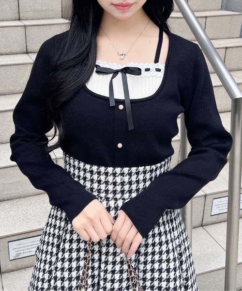 INGNI（イング）の「フロントリボンリブ切替ニット（ニット/セーター・レディース・アイボリー/ブラック/ピンク系その他2・M）」の4枚目の写真