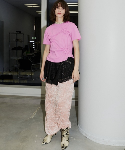 yae（ヤエ）の「Flower Crinkle T-shirt / フラワークリンクルTシャツ（Tシャツ/カットソー・レディース・ホワイト/ライトブルー/ブラック/ピンク・FREE）」の21枚目の写真