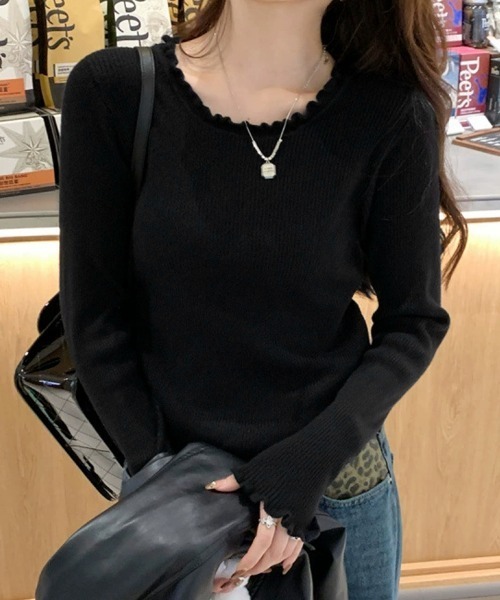 Miniministore(ミニミニストア)の「フリル リブニットトップス クルーネック(ニット/セーター・レディース・ホワイト/ブラック/ライトブルー/アイボリー/グレー・FREE)」の4枚目の写真