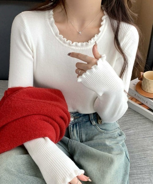 Miniministore(ミニミニストア)の「フリル リブニットトップス クルーネック(ニット/セーター・レディース・ホワイト/ブラック/ライトブルー/アイボリー/グレー・FREE)」の12枚目の写真