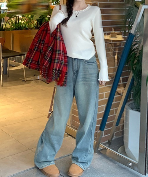 Miniministore(ミニミニストア)の「フリル リブニットトップス クルーネック(ニット/セーター・レディース・ホワイト/ブラック/ライトブルー/アイボリー/グレー・FREE)」の15枚目の写真