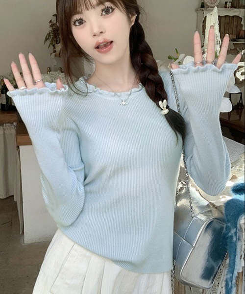 Miniministore(ミニミニストア)の「フリル リブニットトップス クルーネック(ニット/セーター・レディース・ホワイト/ブラック/ライトブルー/アイボリー/グレー・FREE)」の19枚目の写真