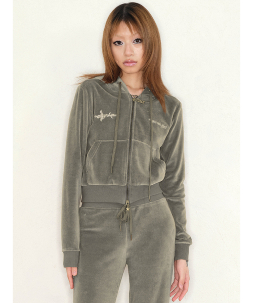Велюровый худи на молнии MOSS GREEN