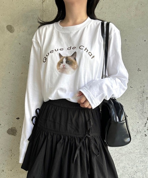 etta(エタ)の「シンプルキャットプリントロンT/長袖Tシャツ(Tシャツ/カットソー・レディース・ホワイト・MEDIUM/LARGE)」の1枚目の写真