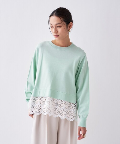 cloenc(クロエンス)の「【手洗い可】レースドッキングニットプルオーバー(ニット/セーター・レディース・ホワイト系7/グリーン系5/ブラック系4・02)」の1枚目の写真