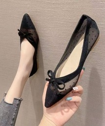 Mejoul（メジュール）の「【26年春夏新作】【ポインテッド＆スクエア】ドット柄リボン フラットパンプス（パンプス）」