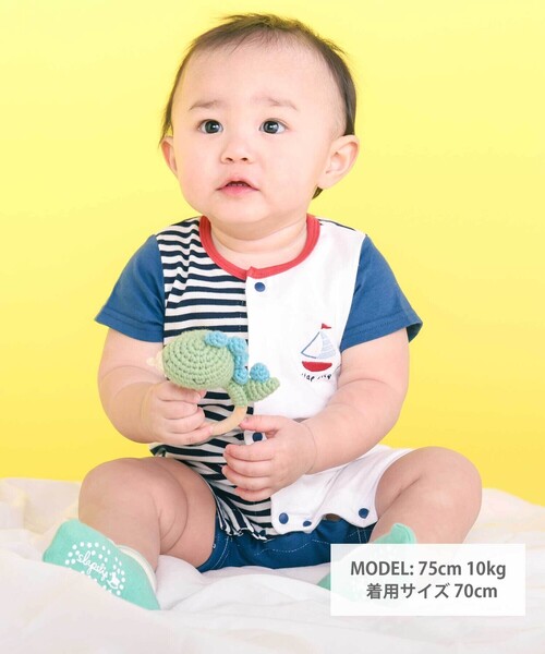 SLAP SLIP BABY（スラップスリップベビー）の「くじらクマ恐竜アニマルおしりモチーフボーダー切り替えロンパースベビー(60~80cm)（ロンパース・キッズ・ベージュ系その他/グリーン系その他/ブルー系その他2・60cm/80ｃｍ/70cm）」の4枚目の写真